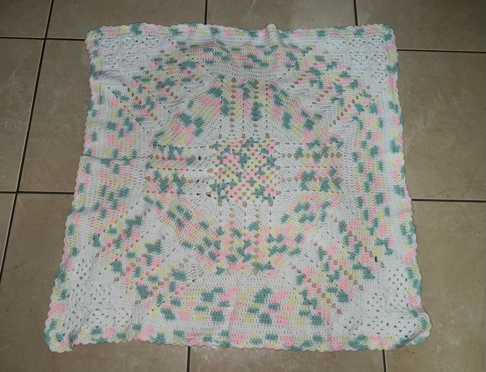 Vintage Handmade Crochet Knit Baby Nursery Blanket Throw 35" x 35"